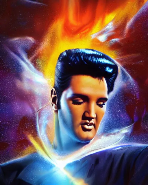 Prompt: a powerful energy elvis presley, by alexander fedosav, hyper detailed digital matte painting, concept art, hyperrealism, 1 6 k resolution, cinema 4 d, 8 k resolution, trending on artstation, behance hd, a masterpiece, by stephan martiniere, particles, cel - shaded, power bright neon energy, by david a. hardy,