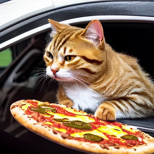 Image similar to garfield the cat driving car into side of pizzeria