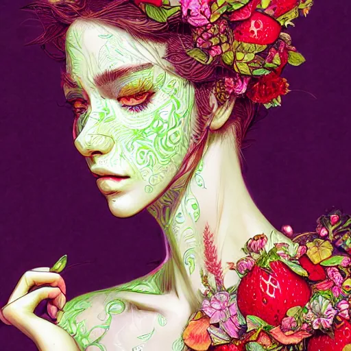 Prompt: the portrait of an absurdly beautiful, graceful, elegant, sophisticated, fashionable woman made of strawberries and green petals, an ultrafine hyperdetailed illustration by kim jung gi, irakli nadar, intricate linework, bright colors, octopath traveler, final fantasy, unreal engine 5 highly rendered, global illumination, radiant light, detailed and intricate environment