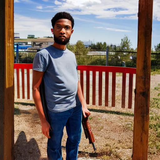 Image similar to Young man standing looking to the right in a red bandana, blue striped shirt, gray vest and a gun with a partly cloudy sky in the background. The young man is standing in front of an iron fence. Photograph. Real life