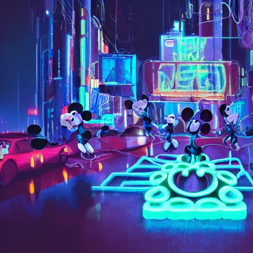 Prompt: people building mickey mouse head, on a scene, cables hanging and a neon logo in the background, beeple daily art, sci fi, cyberpunk