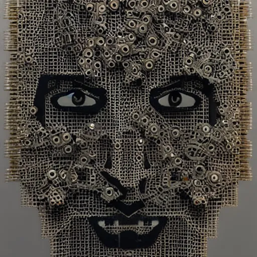 Prompt: portrait of a head made of gears and electronic components