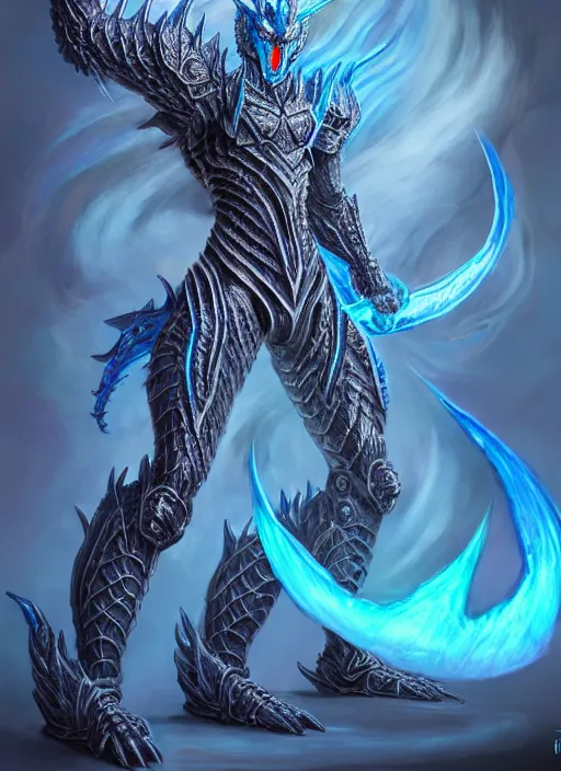 Image similar to muscular and tall blue ghostly fire humanoid dragon!!!! draconian!! intricate ornate iridescent heavy armor!! character concept art, sharp focus, octane render! unreal engine 5! highly rendered!! trending on artstation!! detailed linework!! illustration by artgerm, wlop, and chie yoshii