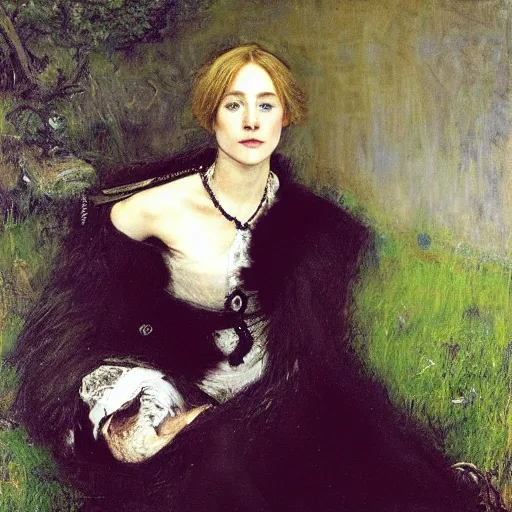 Image similar to a true-to-life portrait of Saoirse Ronan painted by John Everett Millais