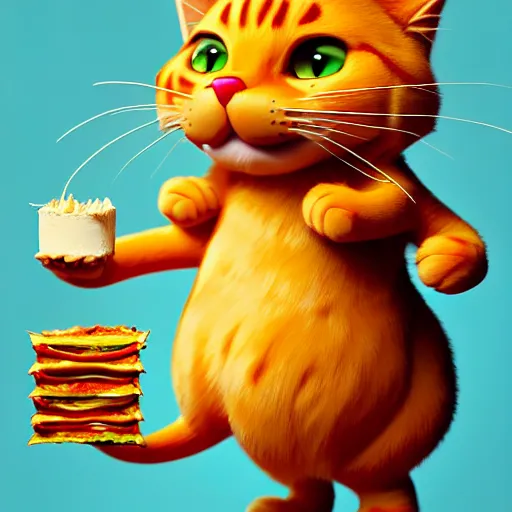 Image similar to fullbody!! personification of garfield the cat as a goddess holding lasagna, stunning, cat face, hyperrealistic, trending on artstation, smooth and sharp, intricate, fine details, highly detailed, elegant, dynamic pose, radiant light, detailed and intricate environment, professional character concept art by tatyana kupriyanova and greg rutkowski and raymond swanland