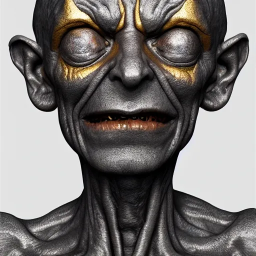 Prompt: a statue of an gollum, made of black marble with gold, perfect symmetrical face, no eyes, hyper realistic, hyper detailed, by johannen voss, by peter kemp, by monia merlo, by michelangelo, octane render, blender, 8 k