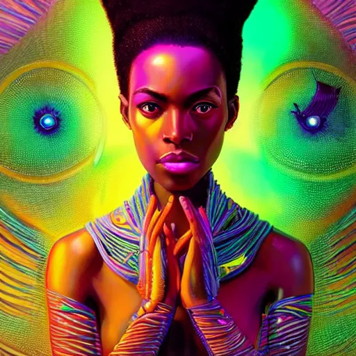 Image similar to african neon goddess, science fiction, highly detailed, digital painting, beautiful eyes, symmetry, concept art, sharp focus, illustration, global illumination, radiant light, synthwave colors, detailed and intricate environment, art by artgerm and greg rutkowski and magali villeneuve and ilya kuvshinov!