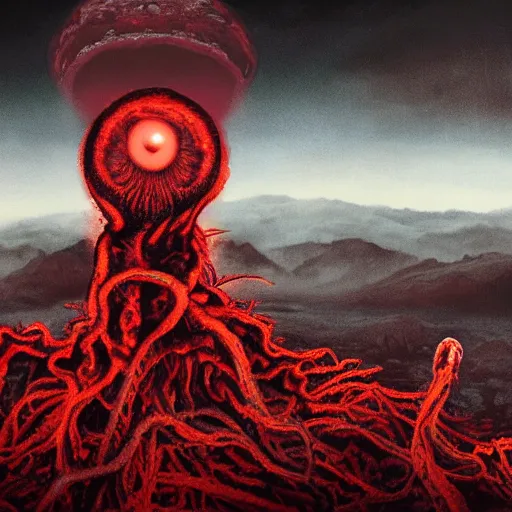 Image similar to translucent fleshy column of gory tendrils holding up a giant all - seeing eyeball, sharp mountains in the distance, dark red sky, smoke rising, apocalyptic, extremely detailed