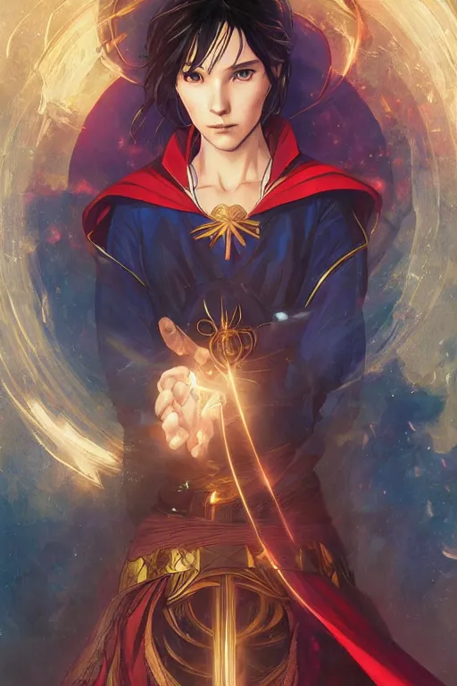 Image similar to anime key visual of a beautiful young female doctor strange, marvel comics, spells, magic, intricate, magical village, stunning, highly detailed, digital painting, artstation, smooth, hard focus, illustration, art by artgerm and greg rutkowski and alphonse mucha