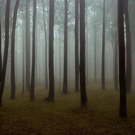 Image similar to vast foggy forest with a ceiling, lights on the ceiling