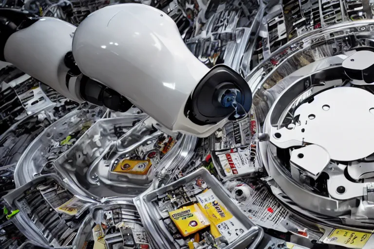 Prompt: wide - angle shot of a robot eating hard drives from a funnel