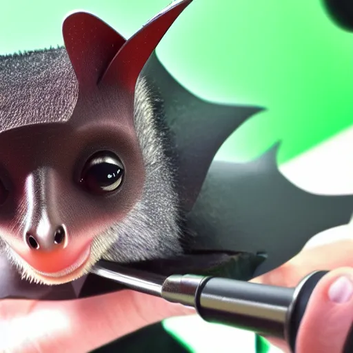 Image similar to a cute fruit bat streaming on twitch with microphone, very detailed 4k by Pixar