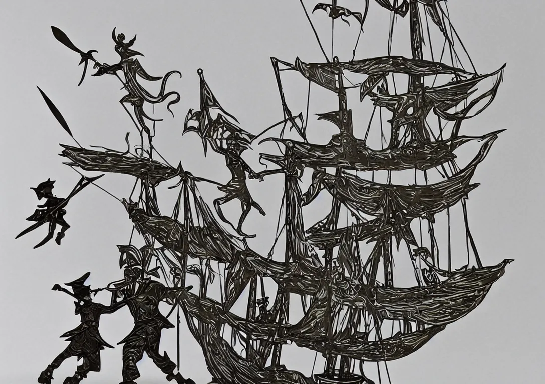 Image similar to a stylized cut paper sculpture of peter pan and captain hook swordfighting on a pirate ship