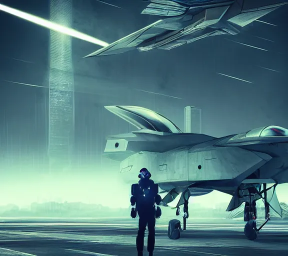 Image similar to fighter pilot stands beside futuristic sci fi fighter jet landed at runway of cyberpunk city, night photo ,dark cinematic lighting , digital concept art