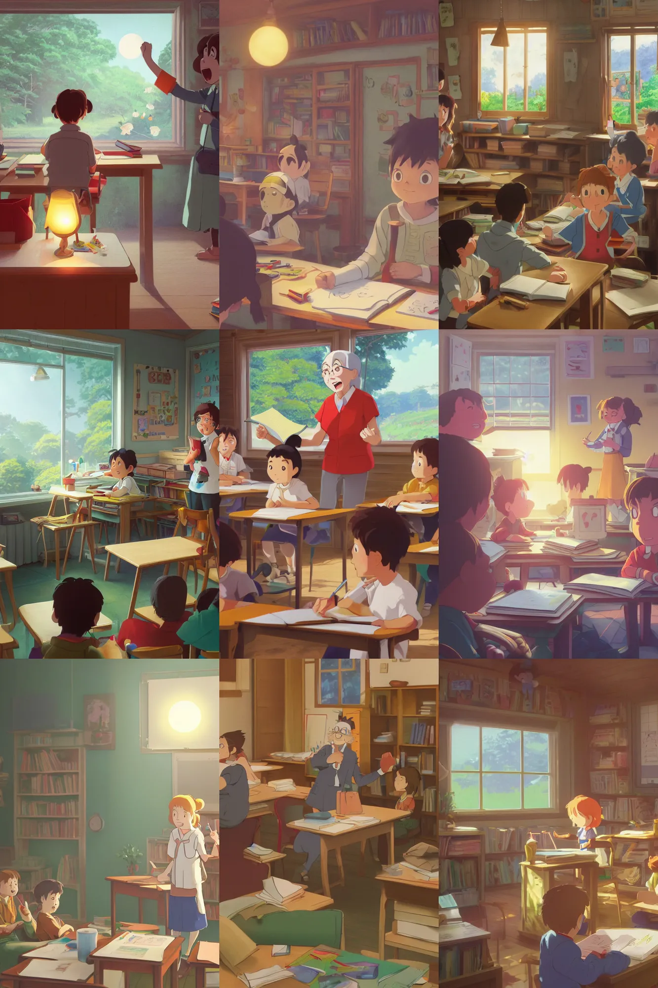 Prompt: a wholesome cottagecore illustration of a happy cartoon teacher teaching languages study in the classroom, studio Ghibli, Pixar and Disney animation, sharp, Rendered in Redshift and Unreal Engine 5 by Greg Rutkowski, Bloom, dramatic lighting, sunrise