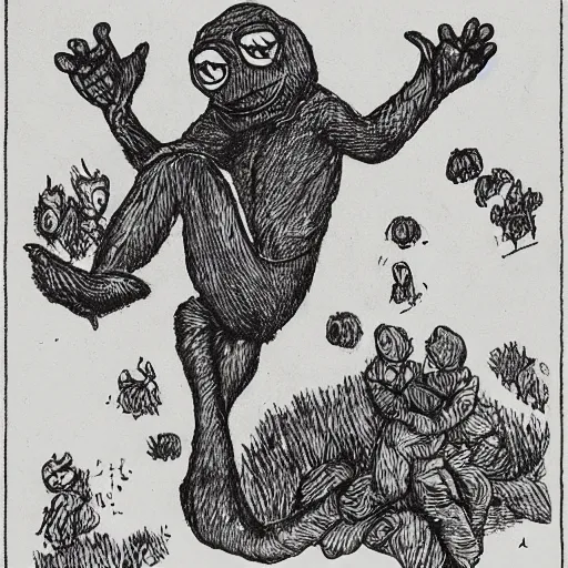 Image similar to julenisse, lavenisse, pepe the frog, by theodor severin kittelsen, kjell aukrust, ink drawing, dip pen