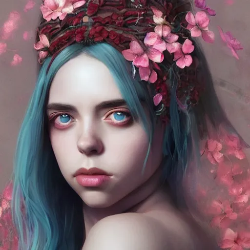 Prompt: billie eilish expressive full body photo, of beautiful angel, smooth glowing skin, ornate headpiece made from pink flowers, glamour shot, by yoshitaka amano, by greg rutkowski, by jeremyg lipkinng, by artgerm, digital art, octane render