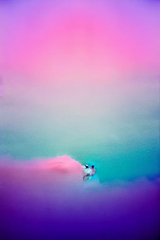 Image similar to high quality pastel coloured film close up wide angle photograph of a model wearing clothing swimming on cloud furniture in a icelandic black rock!! environment in a partially haze filled dreamstate world. three point light, rainbow. photographic production. art directed. pastel colours. volumetric clouds. pastel gradient overlay. waves glitch artefacts. extreme facial clarity. 8 k. filmic.