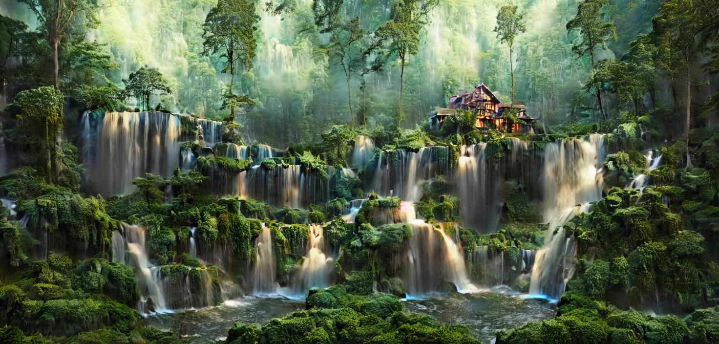 Prompt: beautiful big house in the forest, a big waterfall flows down from the mountain, octane render, fabulous, hyper detailed, random cinematic view, no noise, global illumination, warm lighting, volumetric, godrays, vivid, beautiful, by camila venegas