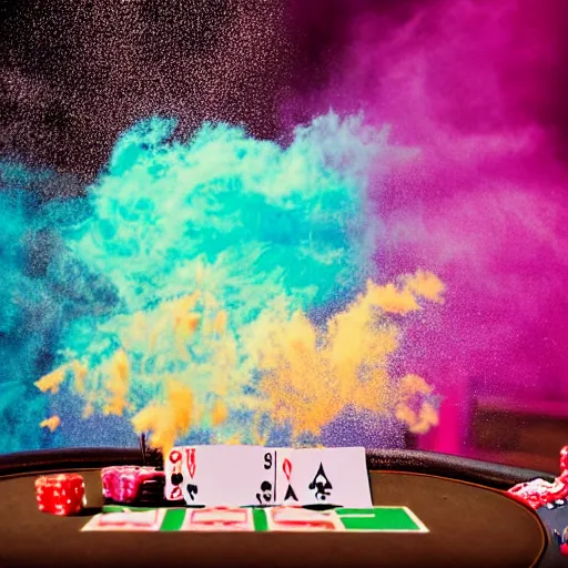 Prompt: poker cards fly through the air at a centered explosion of colorful powder on background by maxvanzwerg