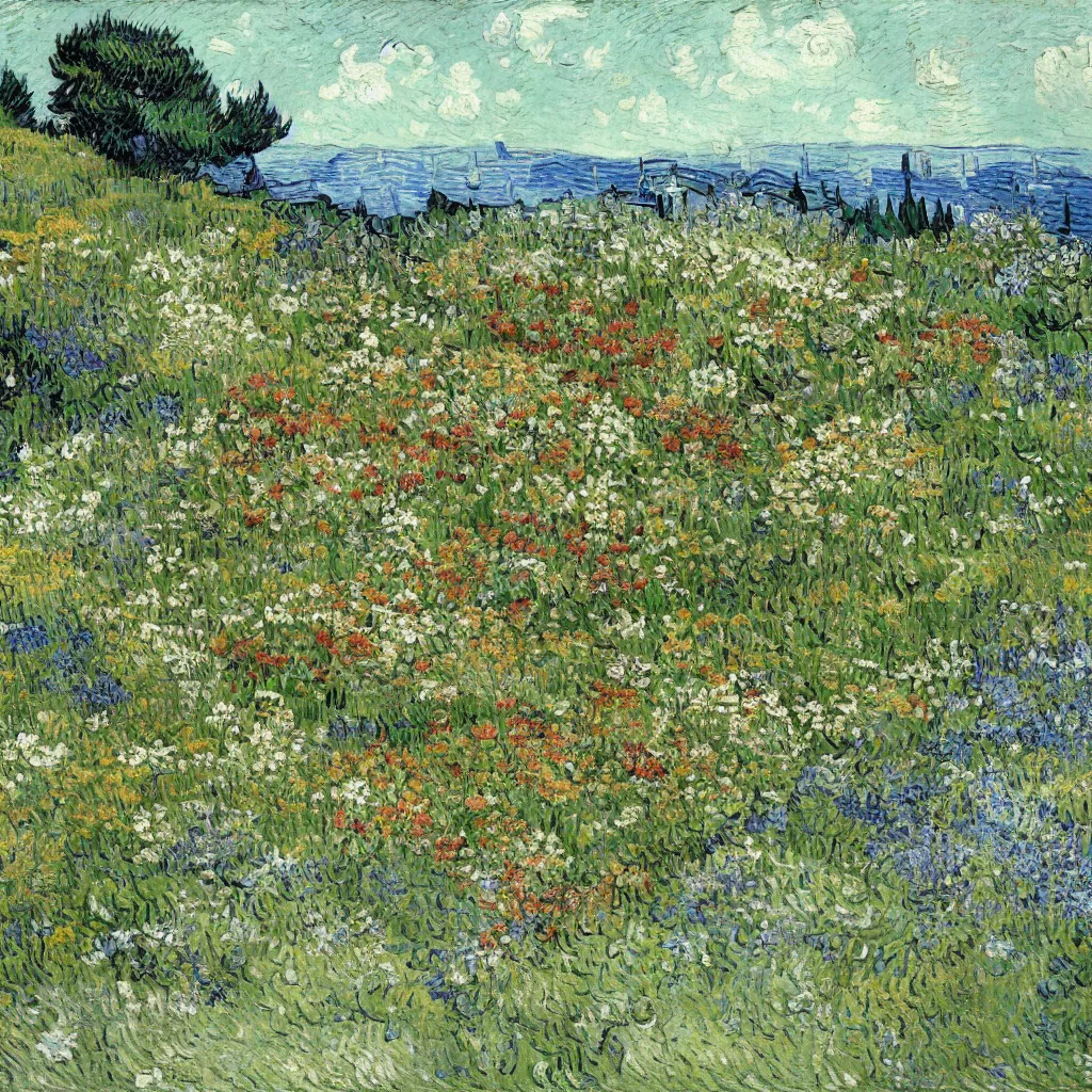 Prompt: a gorgeous garden on the edge of a cliff filled with beautiful flowers in different shades of pale green, van gogh
