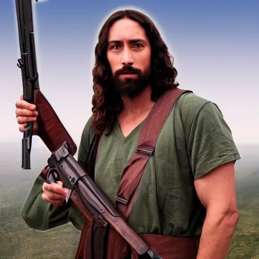 Image similar to Jesus Christ as Rambo holding a large gun with one hand, full body, photography, 4K