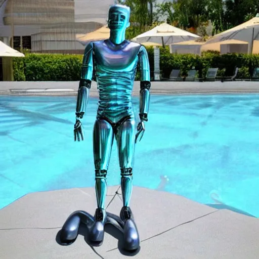 Image similar to a realistic detailed photo of a guy who is an attractive humanoid who is half robot and half humanoid, who is a male android, wrestler bo nickal, shiny skin, posing like a statue, blank stare, by the pool, on display, showing off his muscles, humanoid robot, frozen ice statue