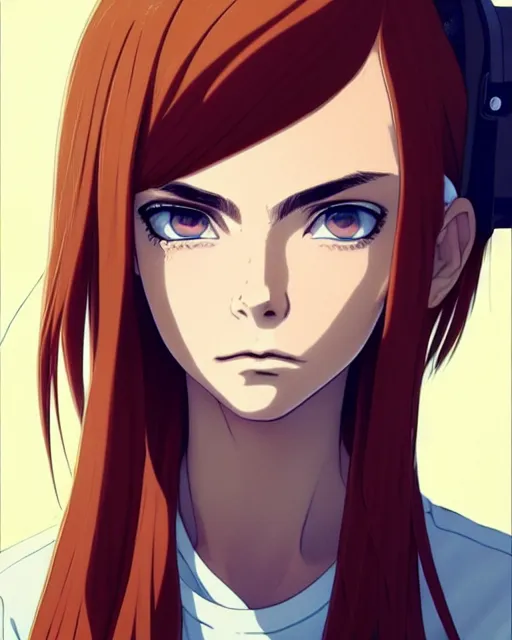 Image similar to portrait Anime as Cara Delevingne girl cute-fine-face, brown-red-hair pretty face, realistic shaded Perfect face, fine details. Anime. realistic shaded lighting by Ilya Kuvshinov katsuhiro otomo ghost-in-the-shell, magali villeneuve, artgerm, rutkowski, WLOP Jeremy Lipkin and Giuseppe Dangelico Pino and Michael Garmash and Rob Rey