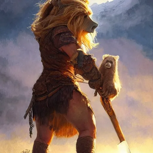 Prompt: viking barbarian emma watson riding a grizzly bear like a horse holding a ak - 4 7, fantasy art, golden hour, classic oil painting, thick brush strokes, epic art, loose art, by artgerm and greg rutkowski and alphonse mucha