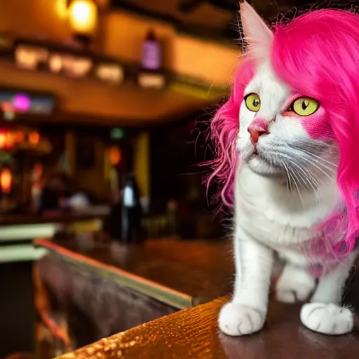 Image similar to cat with pink hair sitting in a bar smoking all alone