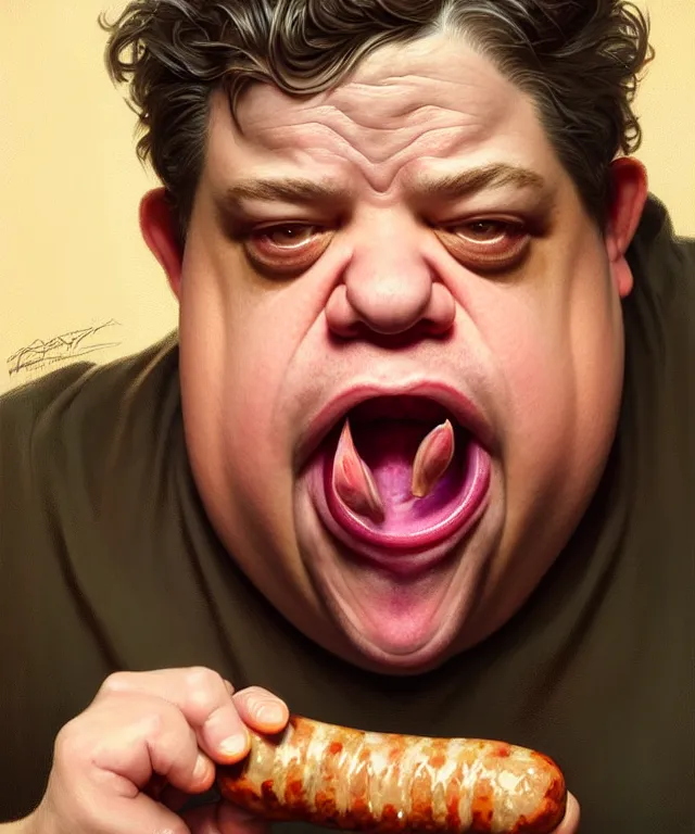 Prompt: portrait of patton oswalt choking on a sausage, intricate, headshot, highly detailed, digital painting, artstation, concept art, sharp focus, cinematic lighting, illustration, art by artgerm and greg rutkowski, alphonse mucha, cgsociety