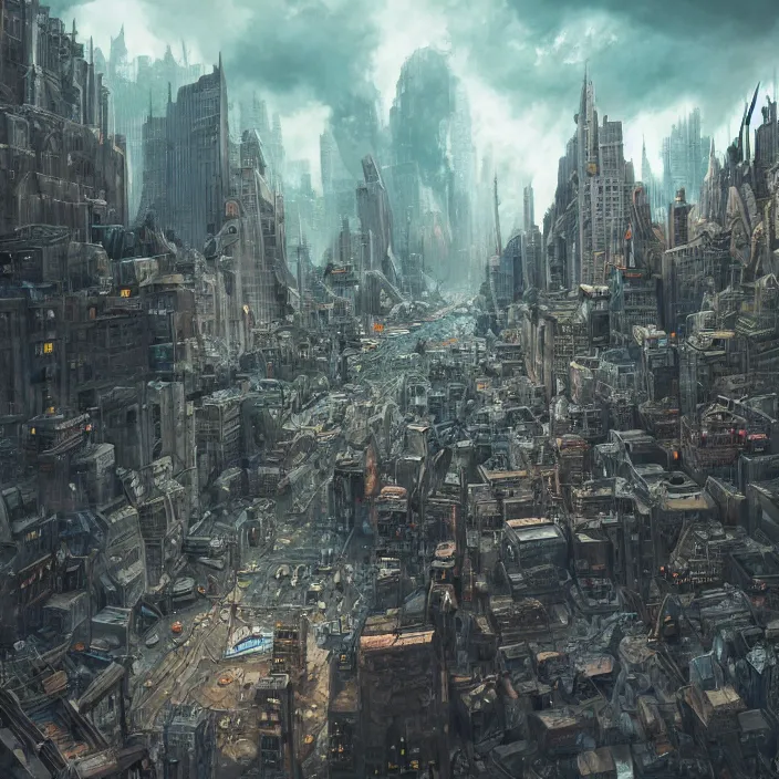 Image similar to an epic fantasy comic book style landscape painting of post - apocalyptic new york city, dark clouds hyper detailed ultra sharp sharp focus, studio ghibli, unreal 5, hyperrealistic, octane render, dramatic lighting, intricate detail, cinematic, dark atmosphere