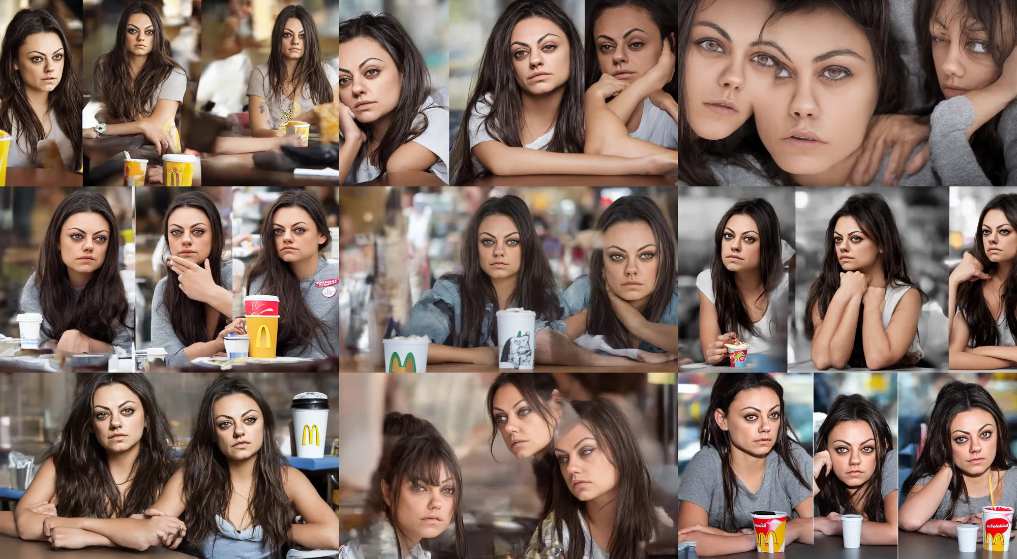 Prompt: across table head and portrait of a mila kunis bored at the mcdonalds, rossdraws, sun - rays, 2 0 0 mm focal length