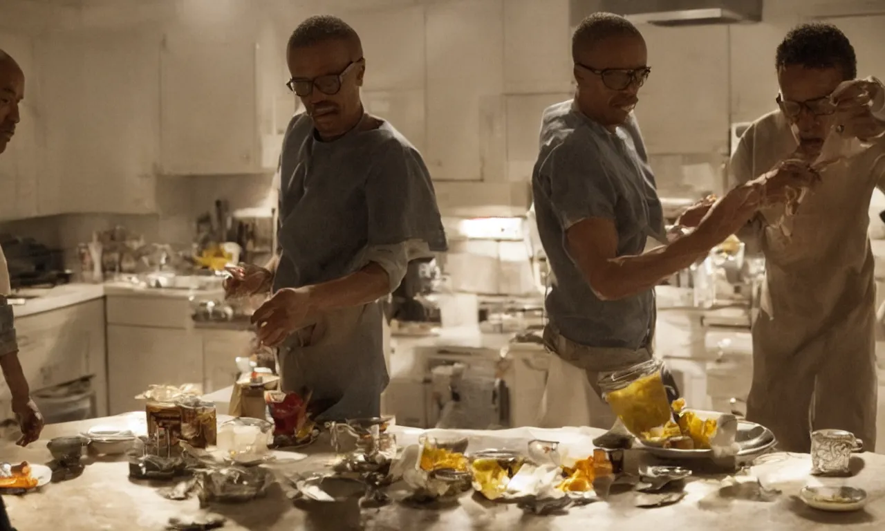 Prompt: a jesse pinkman cook gus fring head soup for walter white, a still shot from breakingbad