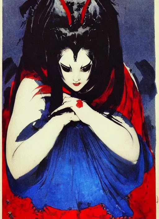 Image similar to portrait of heavyset korean vampiress, jeweled veil, blue and red, strong line, saturated color, beautiful! coherent! by frank frazetta, high contrast, minimalism