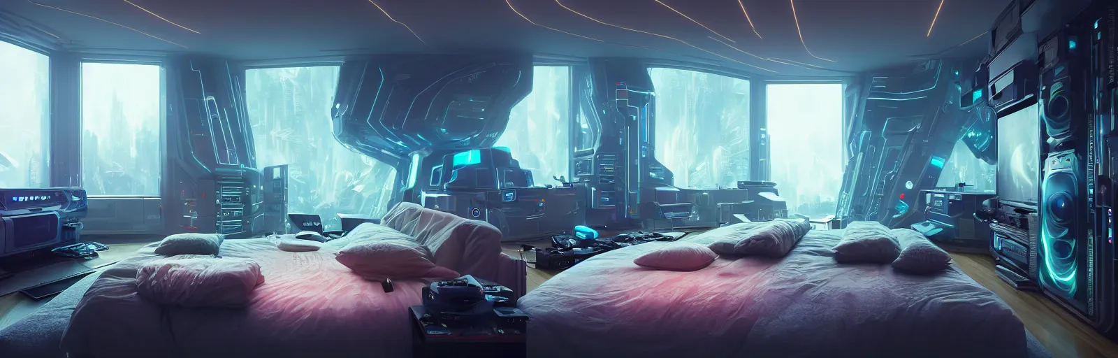 Prompt: award winning interior of futuristic bedroom cluttered with electronics, close up, wadim kashin, simon stalenhag, xf iq 4, f / 1. 4, iso 2 0 0, 1 / 1 6 0 s, 8 k, raw, featured in artstation, octane render, cinematic, elegant, intricate