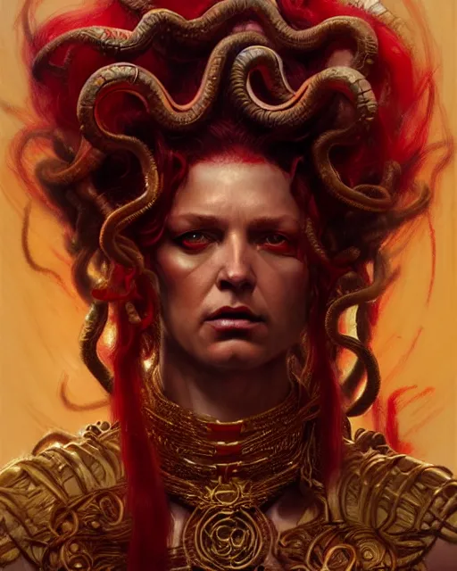 Image similar to fierce medusa in an epic red and golden robe, fantasy character portrait, ultra realistic, concept art, intricate details, highly detailed by greg rutkowski, gaston bussiere, craig mullins, simon bisley