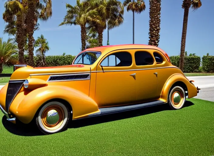 Image similar to 1 9 3 7 pontiac sedan, two tone, tan, palm trees in the background