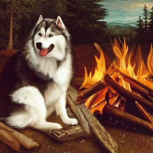 Image similar to alaskan malamute behind campfire in medieval setting, as a renaissance painting