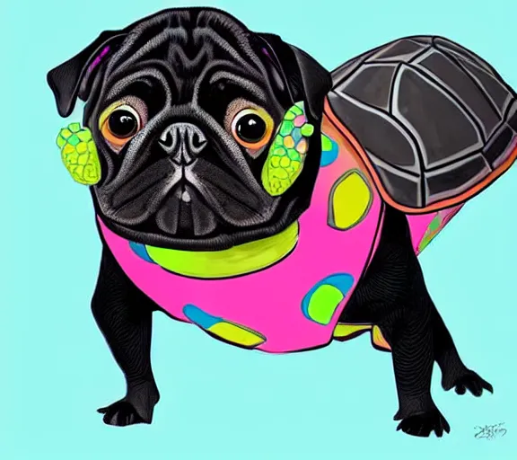 Image similar to a cute black pug wearing a cute turtle outfit, digital art, colourful