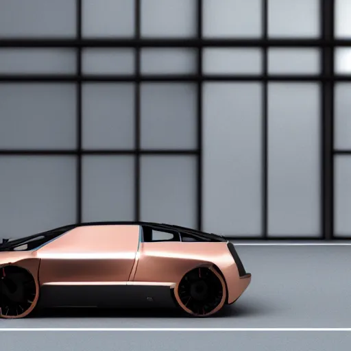 Image similar to a design of a futuristic DMC Delorian, designed by Polestar, blade runner background, back view, light copper car paint, black windows, sportscar, black show room, dramatic lighting, octane rendering, unreal engine rendering, hyper realistic render, depth of field, octane rendering