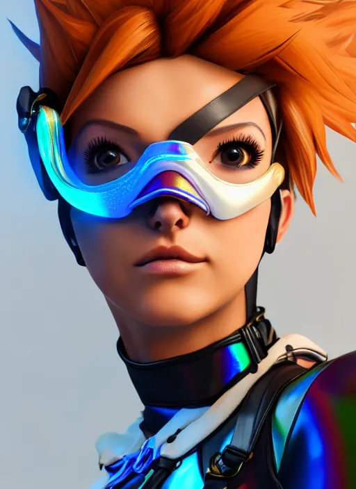 Image similar to portrait bust digital artwork of tracer overwatch, wearing iridescent rainbow latex and leather straps catsuit outfit, 4 k, expressive happy whistling face, makeup, in style of mark arian, angel wings, wearing detailed leather collar, chains, black leather harness, detailed face and eyes,