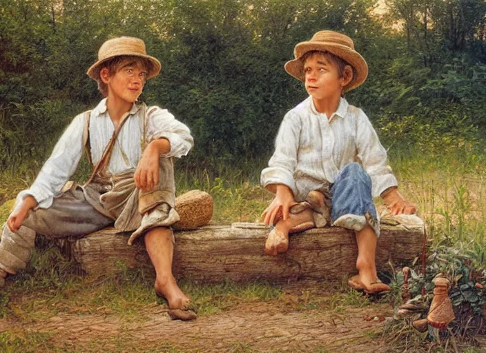 Image similar to tom sawyer and huckleberry finn in a small missouri town in 1 8 7 6, art by bob byerley, oil on canvas