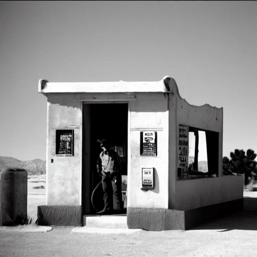 Prompt: a cowboy going through the door of an old gas station, Joshua Tree Park, dust flying, cinematography by Roger Deakins in cinemascope