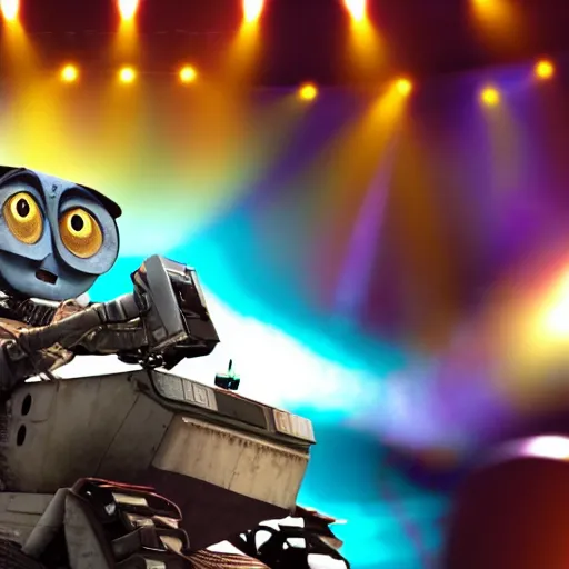 Image similar to wall - e dancing at a pearl jam concert in new york city. cinematic 8 k, depth of field, pixar.