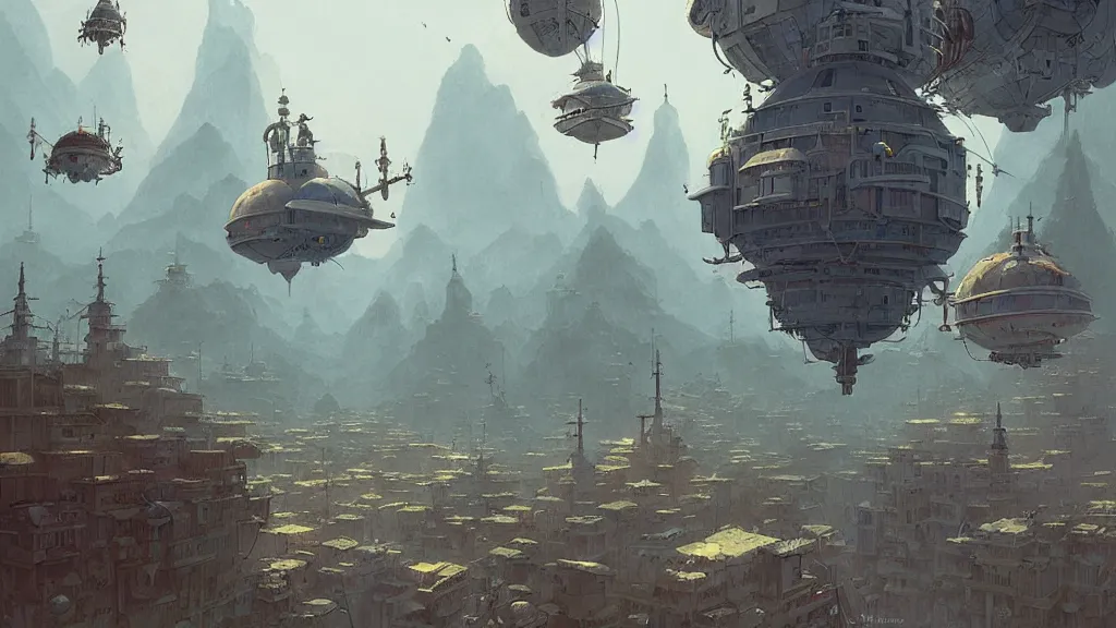 Prompt: Downtown in a studio ghibli aesthetic, Mountain by Craig Mullins, illustrative art of various small steampunk airships flying around the city by Mattias Adolfsson, Rendered in Octane, cinematic, Highly Detailed