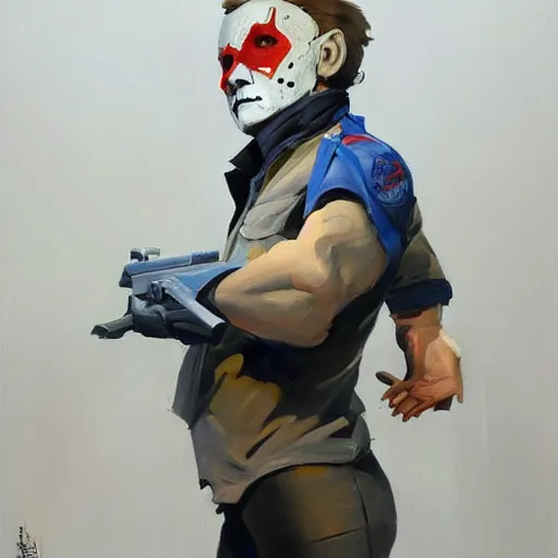 Image similar to greg manchess portrait painting of michael myers as overwatch character, medium shot, asymmetrical, profile picture, organic painting, sunny day, matte painting, bold shapes, hard edges, street art, trending on artstation, by huang guangjian and gil elvgren and sachin teng