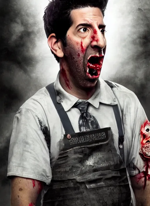 Prompt: david schwimmer becomes an angry zombie, face enhance, realistic, shaun of the dead, izombie, ultra detailed, octane render, lovecraftian, horror, dead space, the walking dead