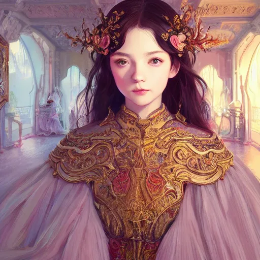 Image similar to beautiful young girl in intricate clothing by artgerm, walking in a castle painted by wlop, reflections, very high intricate details, painting, digital anime art, medium shot, mid - shot, ilya kuvshinov, krenz cushart, greg rutkowski, sana takeda