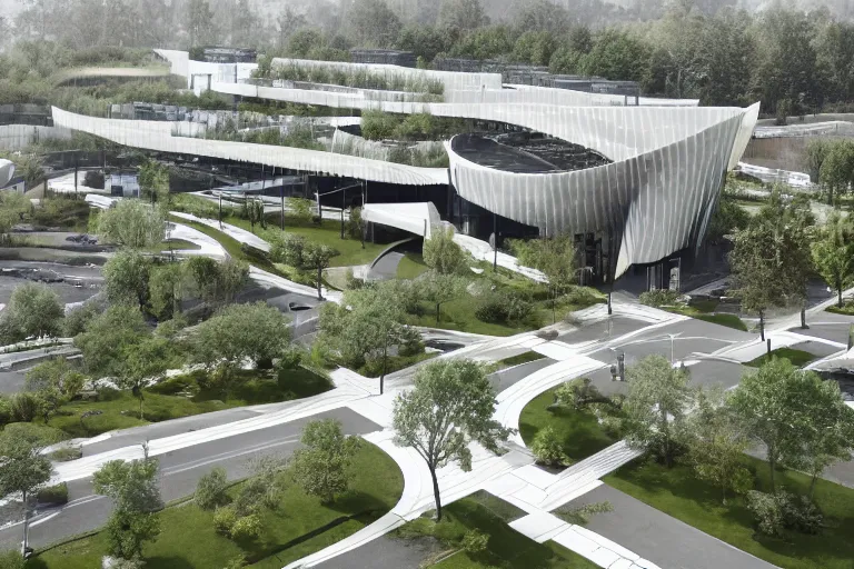 Prompt: well landscaped suburban office headquarters designed by SOM